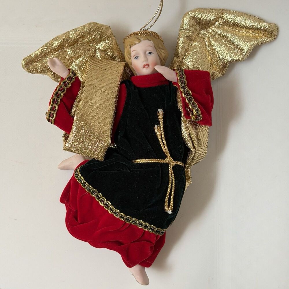 VTG Christmas Angel Ornament Porcelain Face Gold Wings Red Green Velvet 7.75”